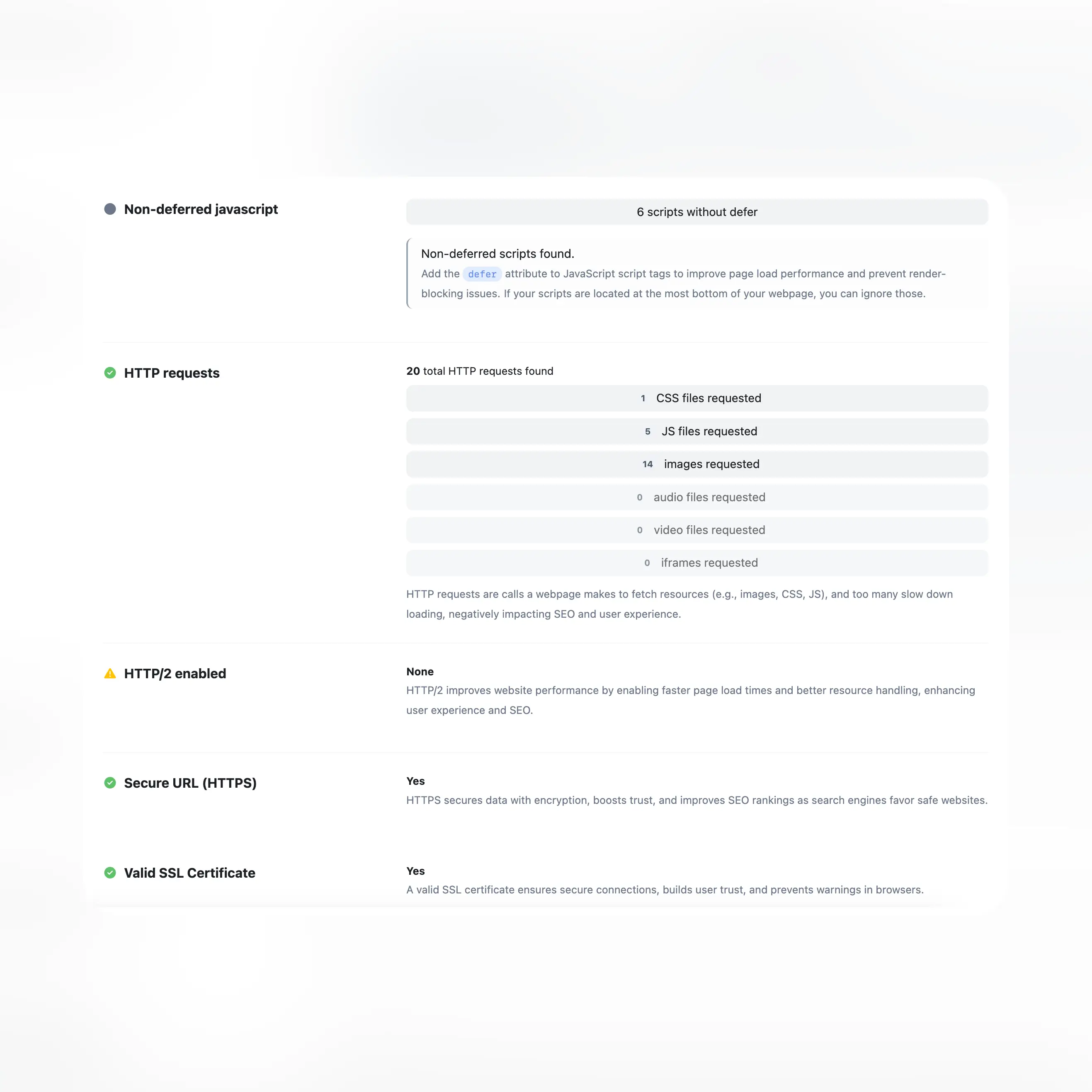 Screenshot dei test generati dall'audit dell'app