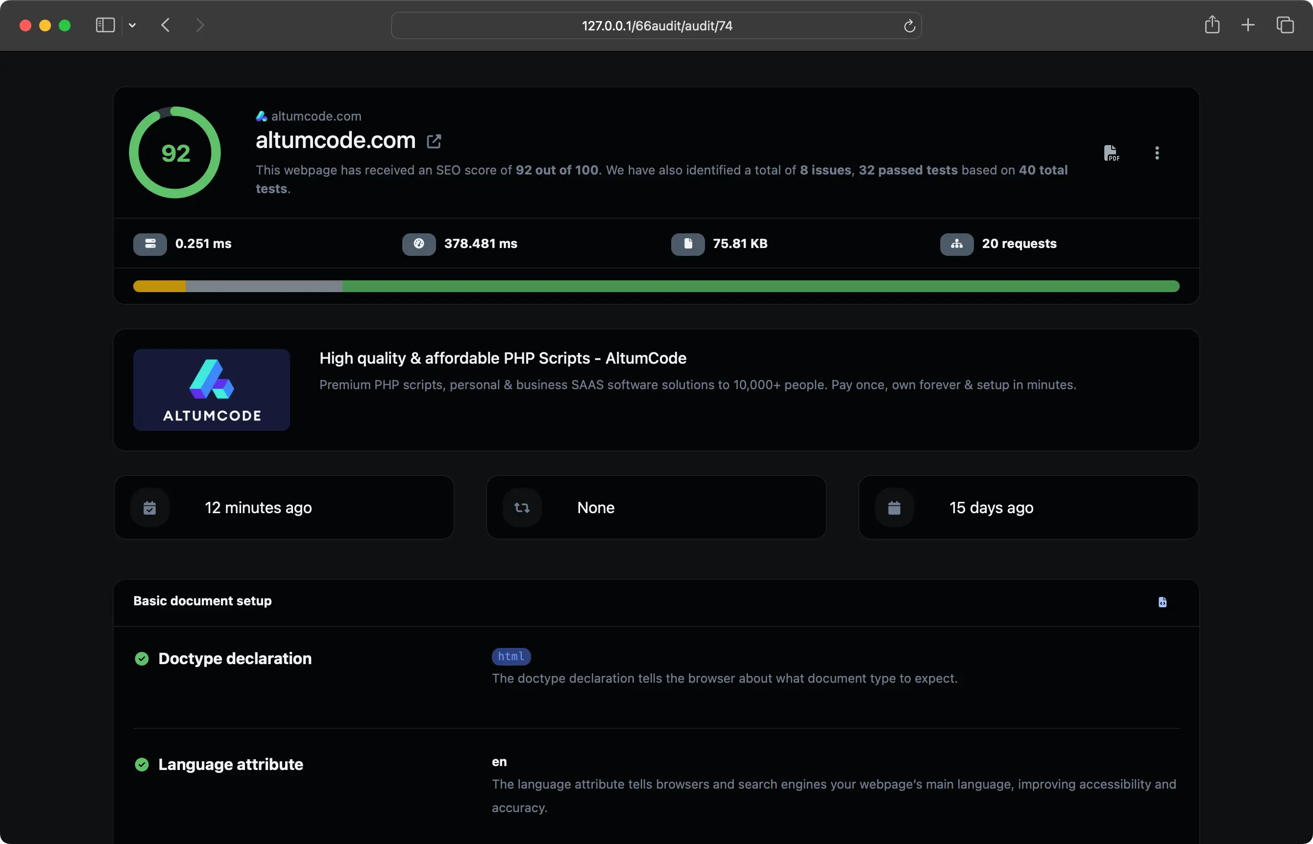 Screenshot del cruscotto dell'app