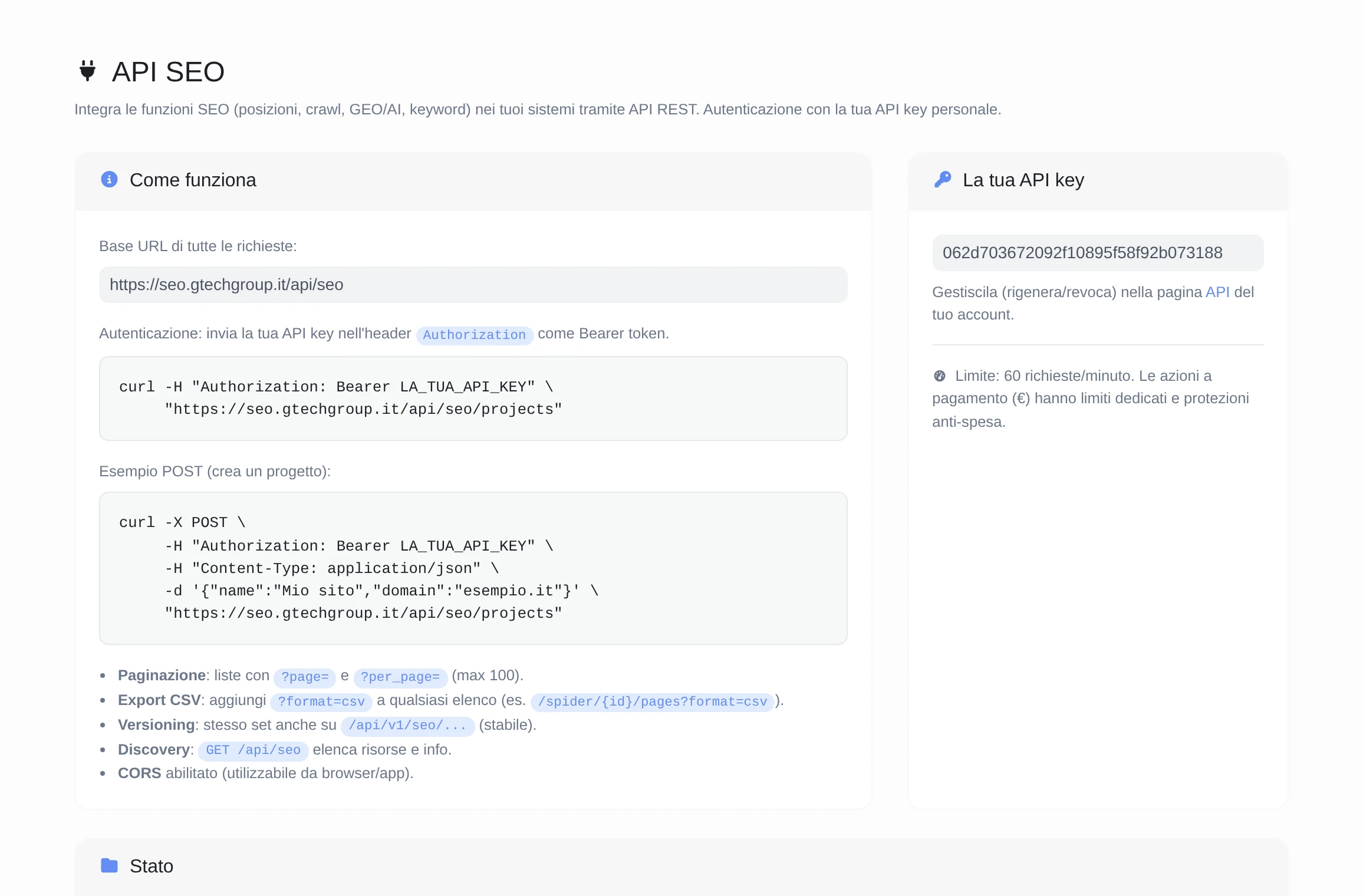 Screenshot della funzionalità degli endpoint API dell'app