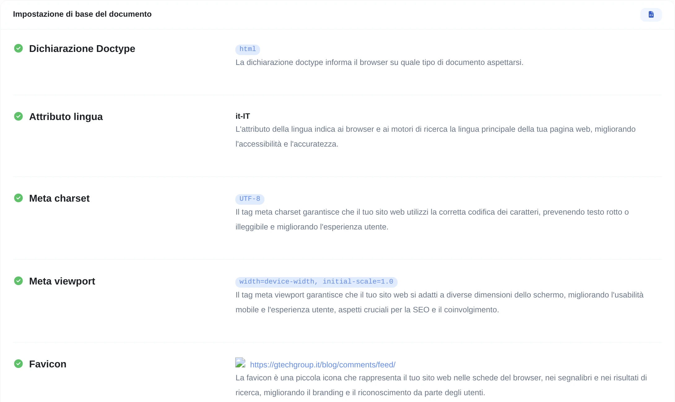 Screenshot dei test generati dall'audit dell'app