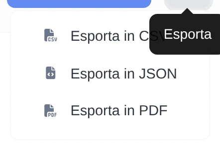 Screenshot delle funzionalità di esportazione dell'app CSV, PDF, CSV