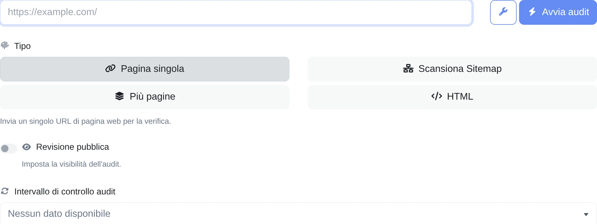 Screenshot del modulo generatore di audit dell'app